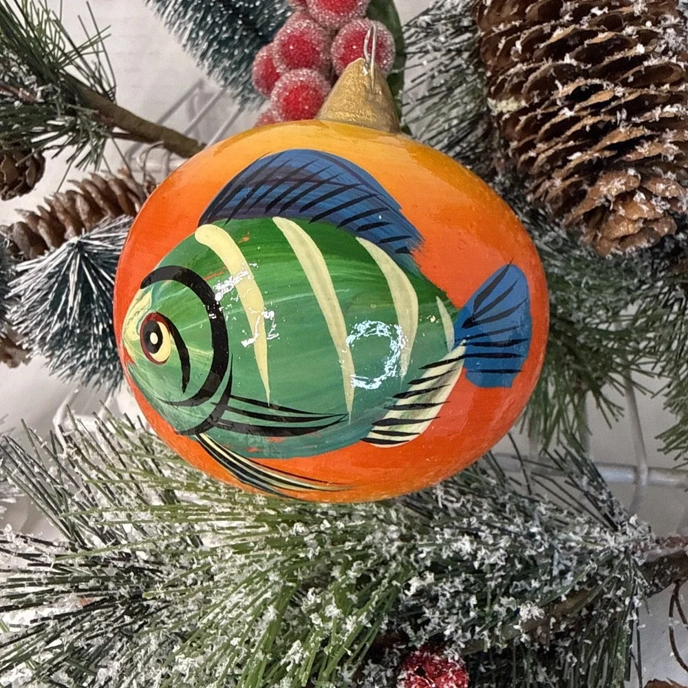 Hand Painted Wooden Fish Christmas Ornament from Mexico